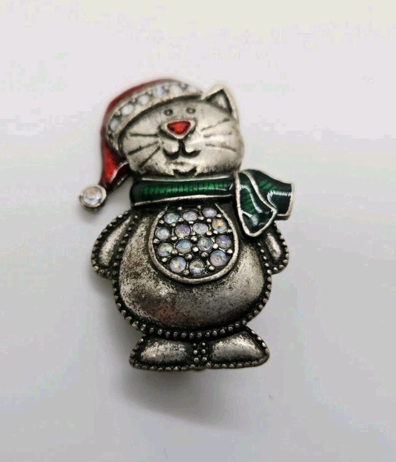 Christmas Cat Brooch Signed TC Vintage Pewter Finish Enamel Crystal Kitty Pin