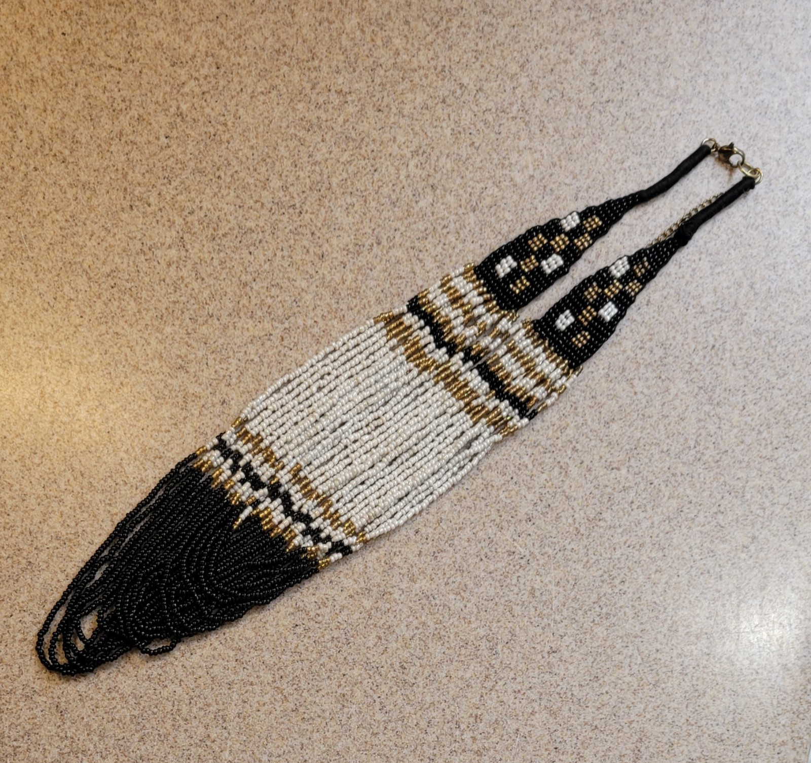 Vintage 16 Strand Black White Gold Seed Beads 22in Beaded Necklace 3in Extender