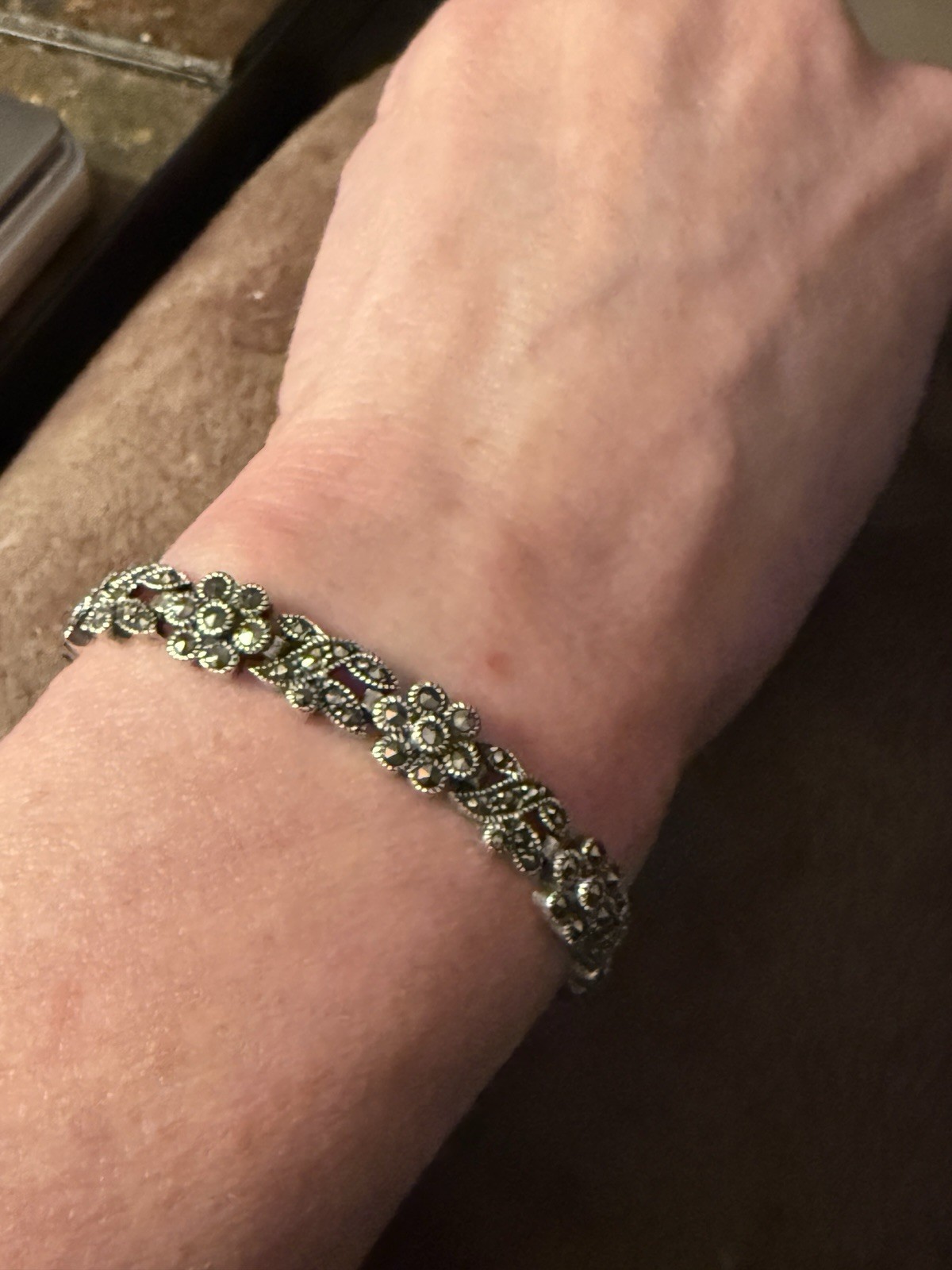 Vintage Signed DBJ 925 Sterling Silver Marcasite Floral Link Bracelet 17.4g QVC