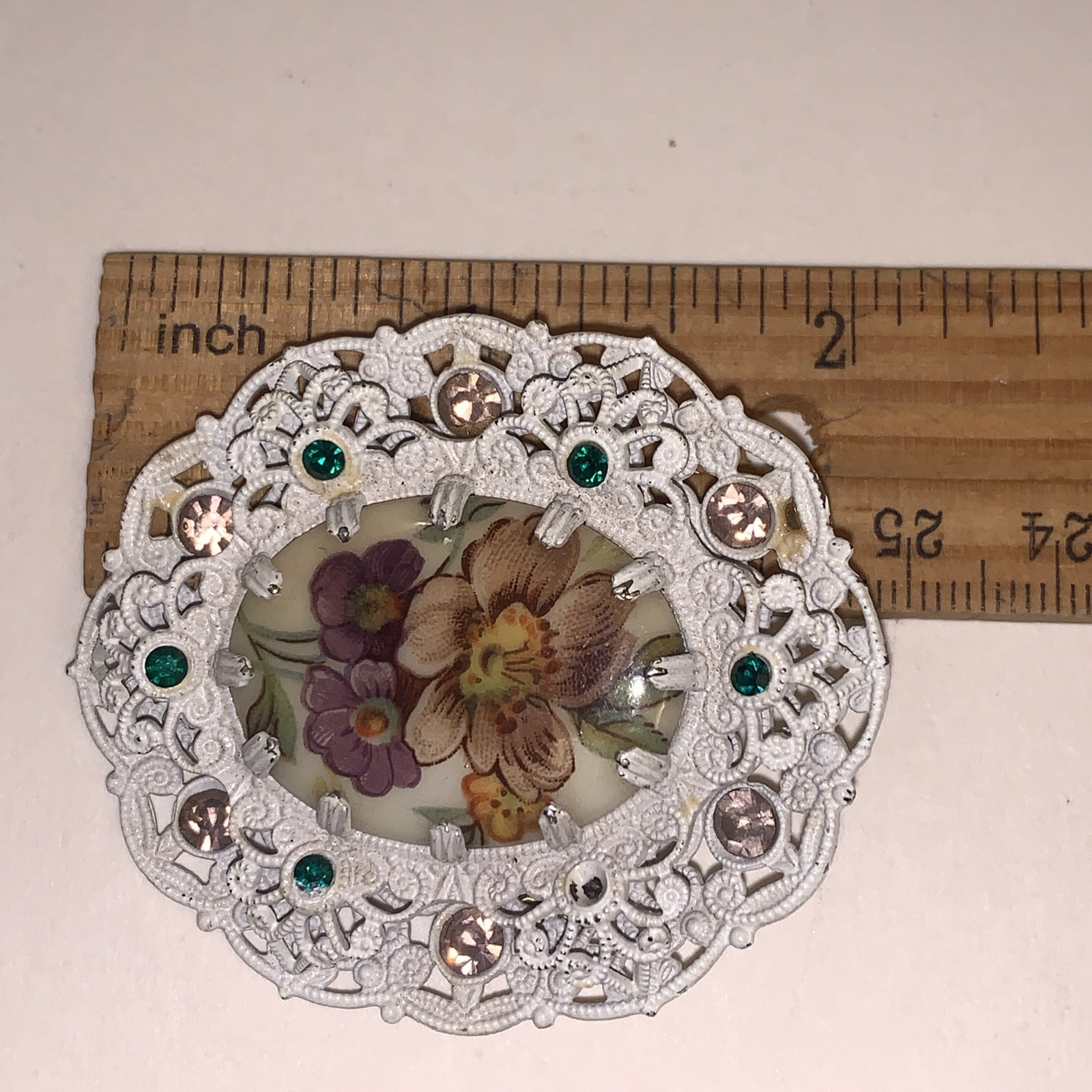 Vintage Hand Painted Brooch W Germany Purple & Green Rhinestones White Filigree