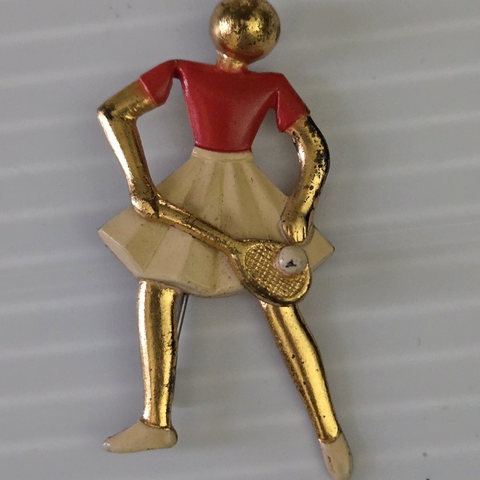 Vintage Gold Tone Enamel Tennis Player Figural Brooch Pin Red White Sports
