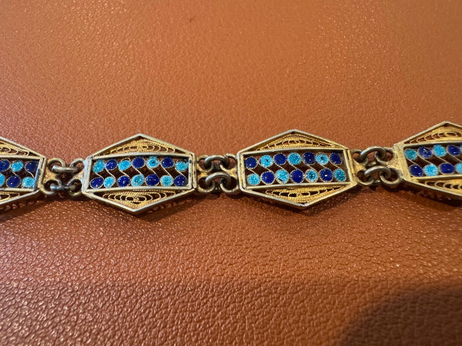 Vtg Antique 800 Silver Filigree Design Blue Enamel Bracelet w/ Gold Wash