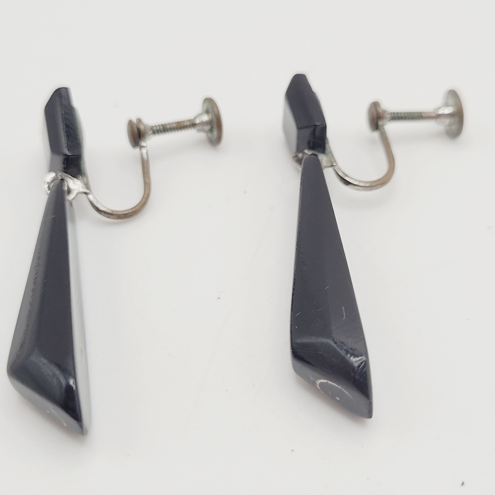 Hawaiian Natural Black Coral Vintage Screw Back Art Deco Style Dangle Earrings