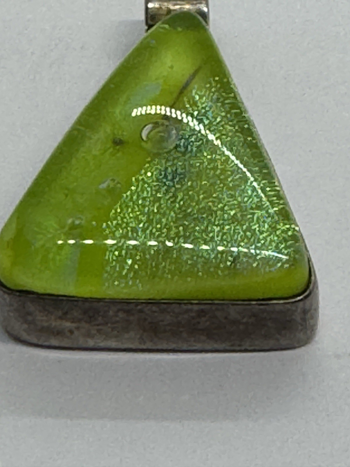 Sterling Silver Fused Lime Green Glass Pendant Triangle 1 1/4″