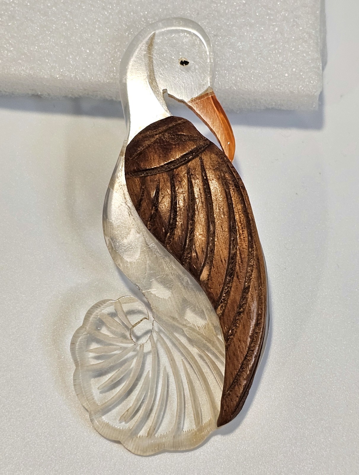 Vintage lucite and wood brooch bird stork