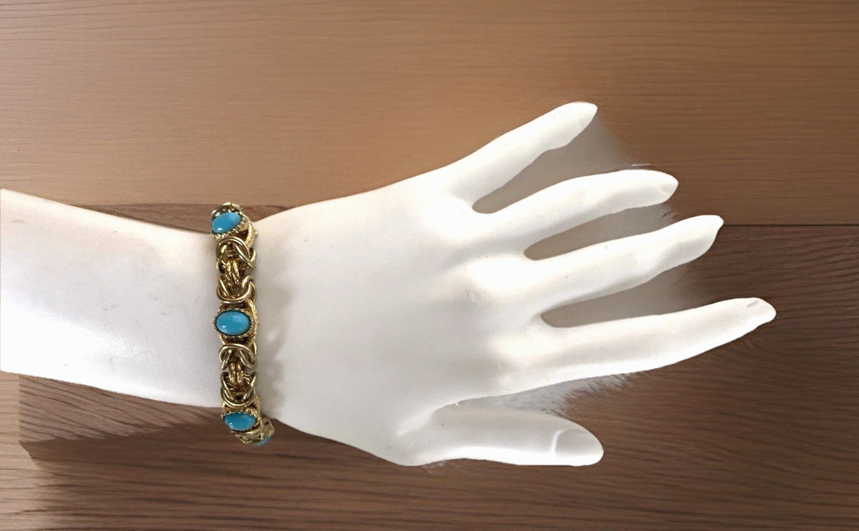 Small Vintage Gold Tone Byzantine Style Faux Turquoise Link Bracelet 6-1/4″ Long