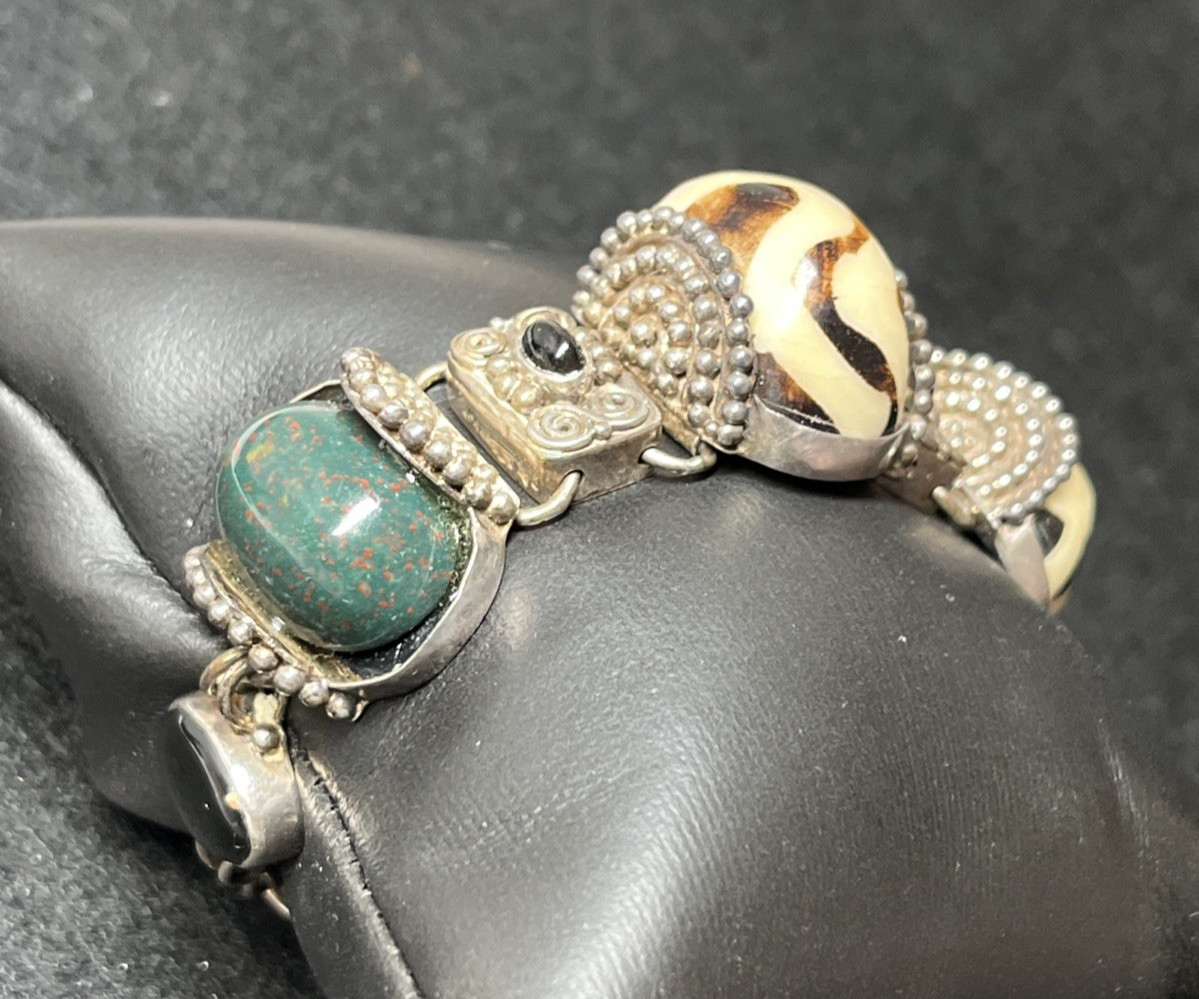 Vintage Sajen Sterling Silver Multi Dzi Mud Stone Bloodstone Bracelet 7″ 50g