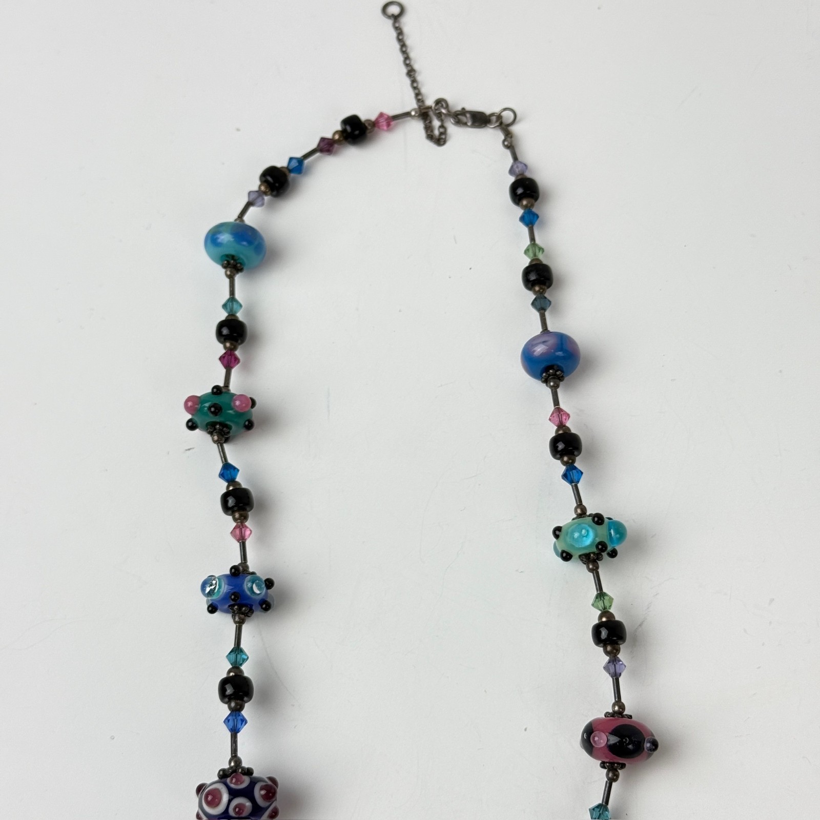 Vintage Art Lampwork Glass Swirl Beaded Necklace 925 Sterling Silver Polka Dot