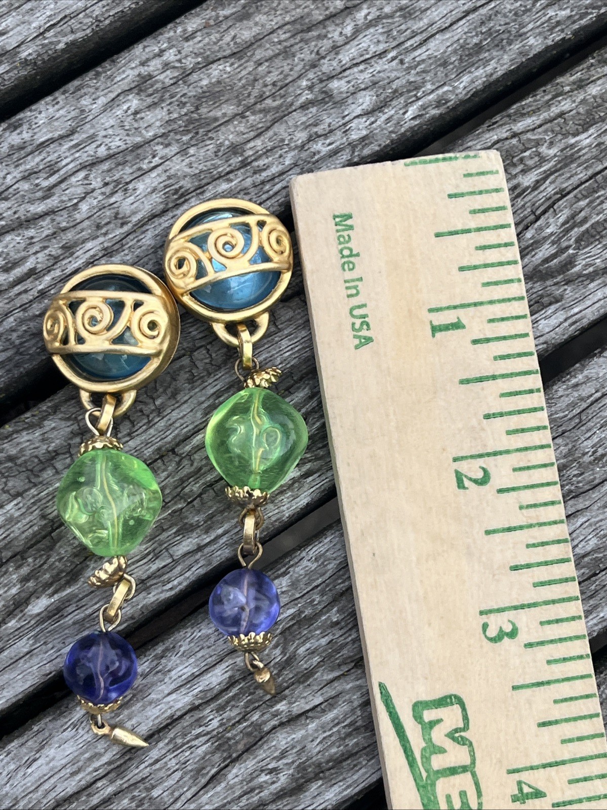 Vintage 1980s Artisan Drop Post Earrings Multi Colored Metal Work Gold Tone