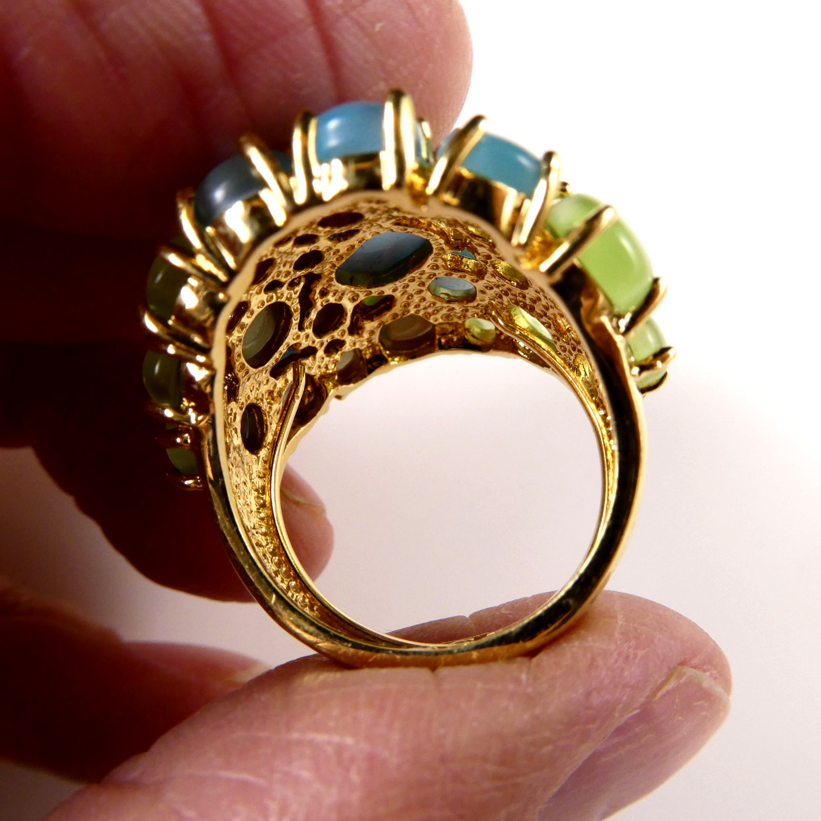 Pretty Blue & Lime Green Cocktail Ring Size 8 Moonstone Cabochons Gold Tone