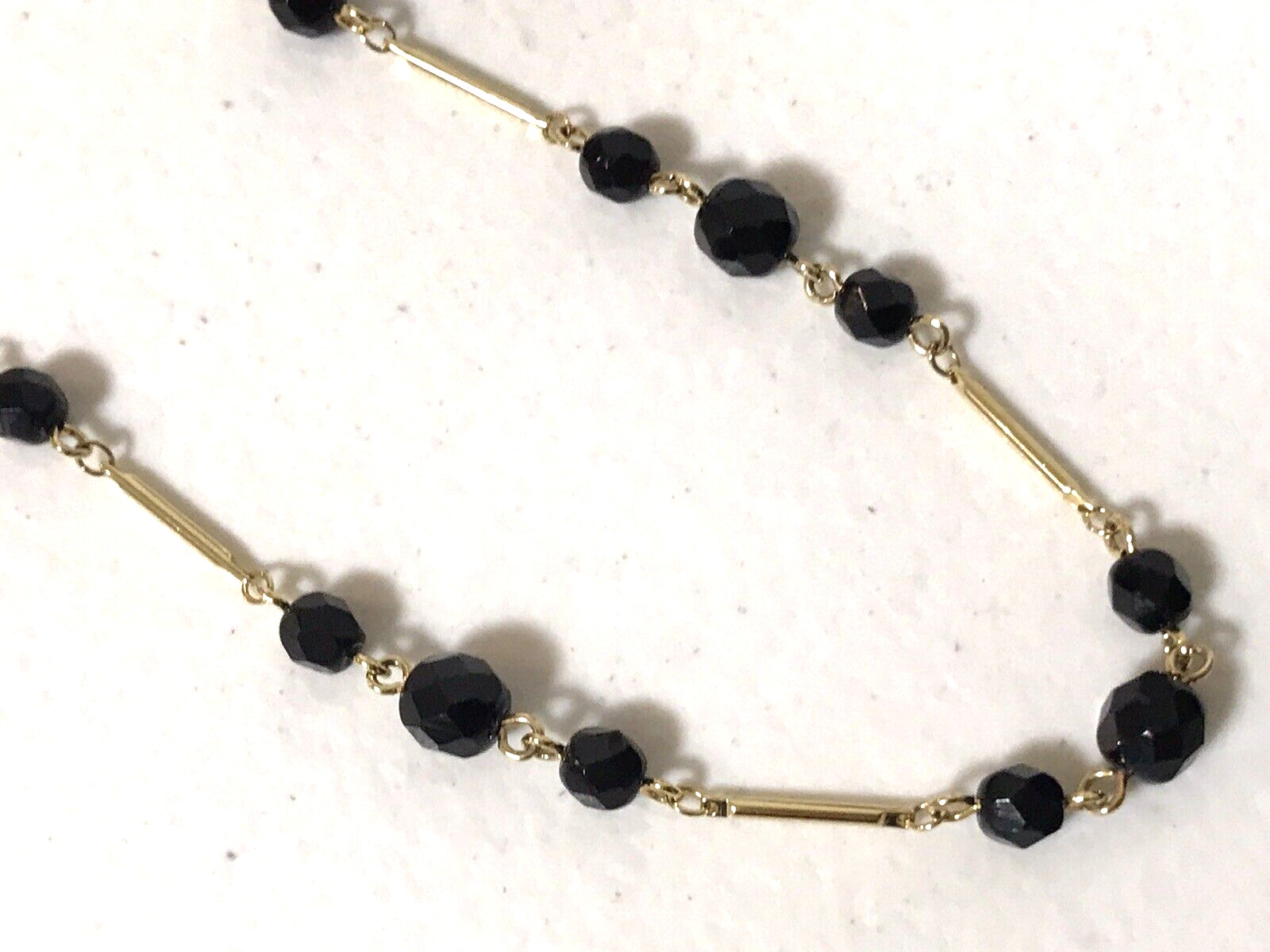 Olci Signed Gold Tone Bar Link Faceted Black Beaded Station Necklace 17″ Estate