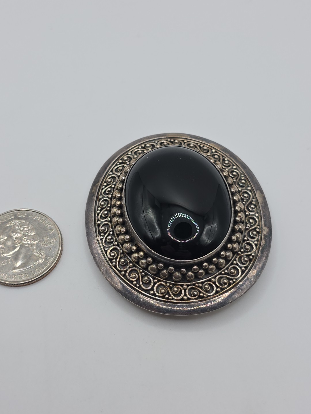 Vintage Sterling Silver 925 Large Oval Black Onyx Decorative Pendant 44g