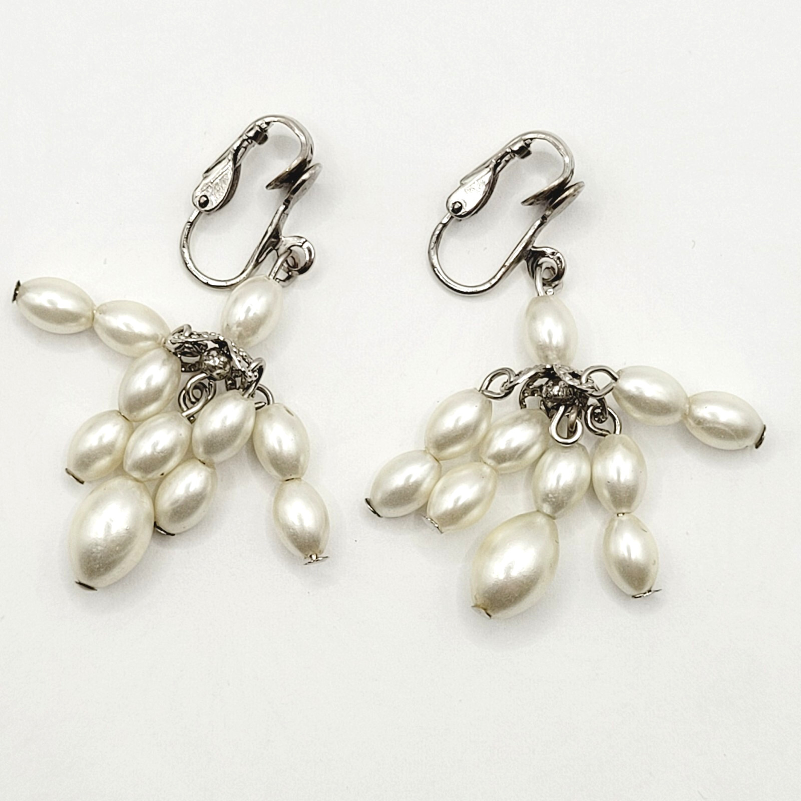 Faux Pearl Drop Dangle Cluster Silver Tone Clip On Fancy Vtg Costume Earrings