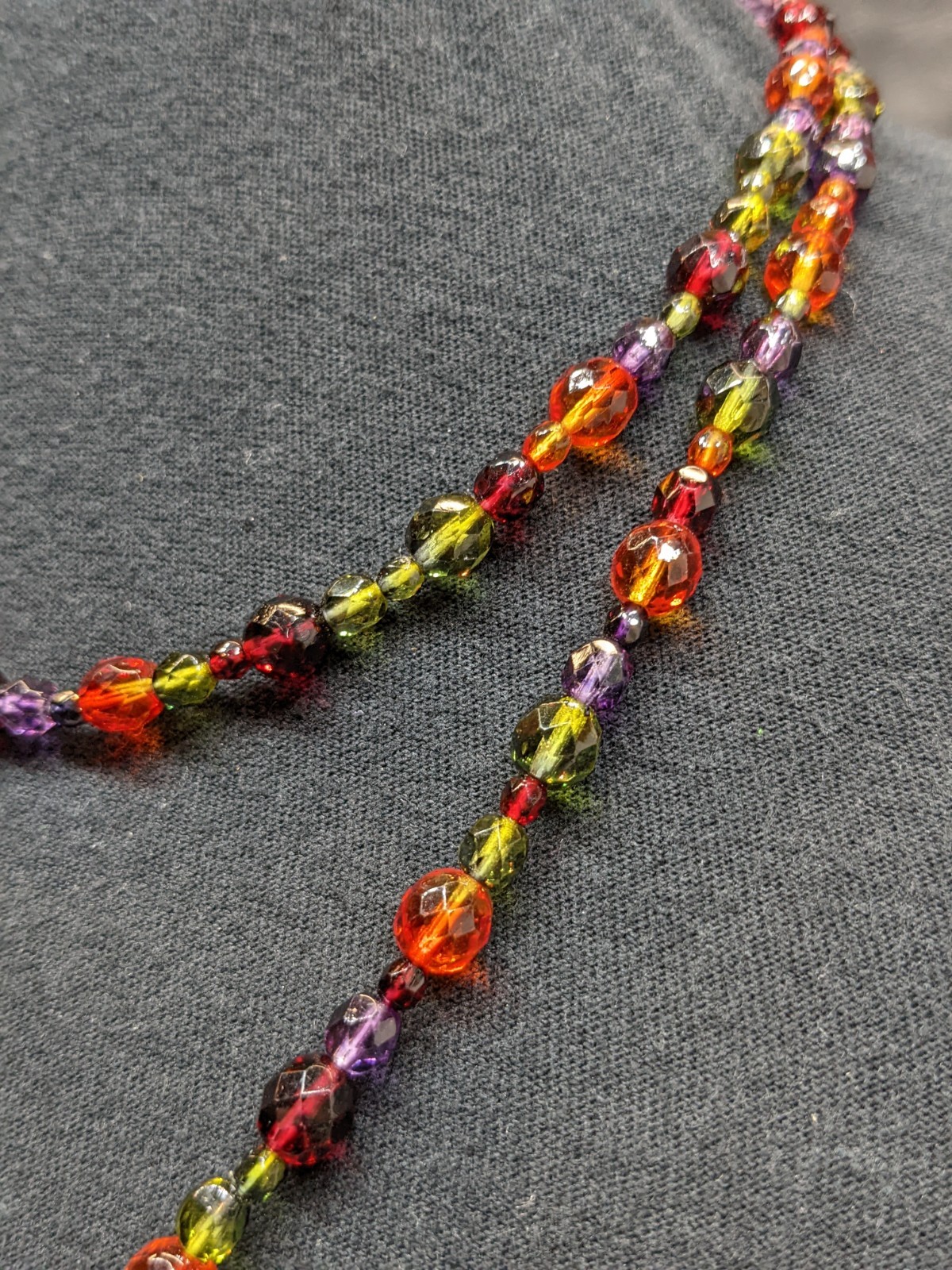 Vintage 44″ Faceted Glass Bead Necklace Long Multicolor Boho Layering Strand