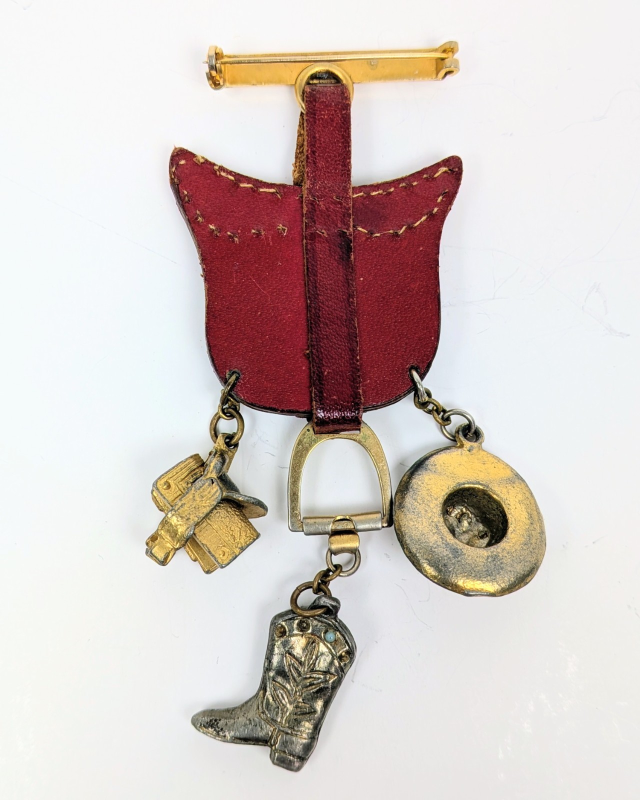 Western Cowgirl Equestrian Brooch RARE Rodeo Leather Saddle Chatelaine Charms
