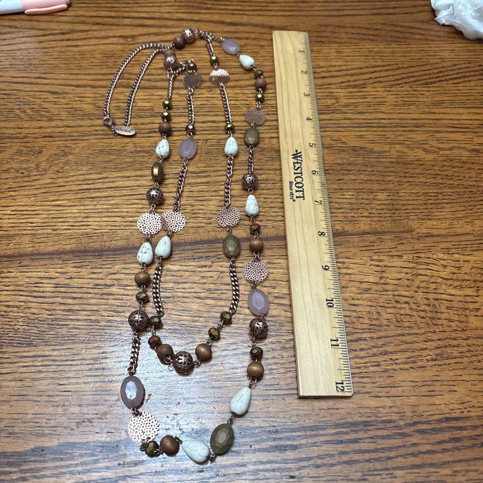COLDWATER CREEK Quartz Stone & Wood Beaded Multi Strand Necklace Brown Boho