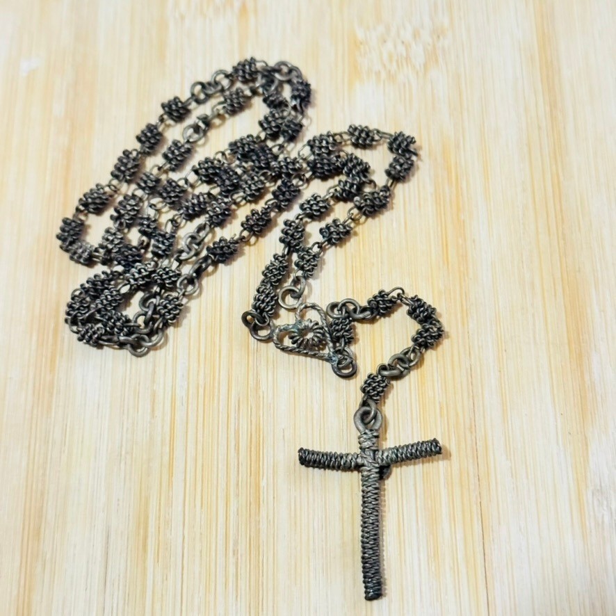 Gothic Style Rosary Necklace Devotional Rustic Chain Antiqued Wired Catholic VTG