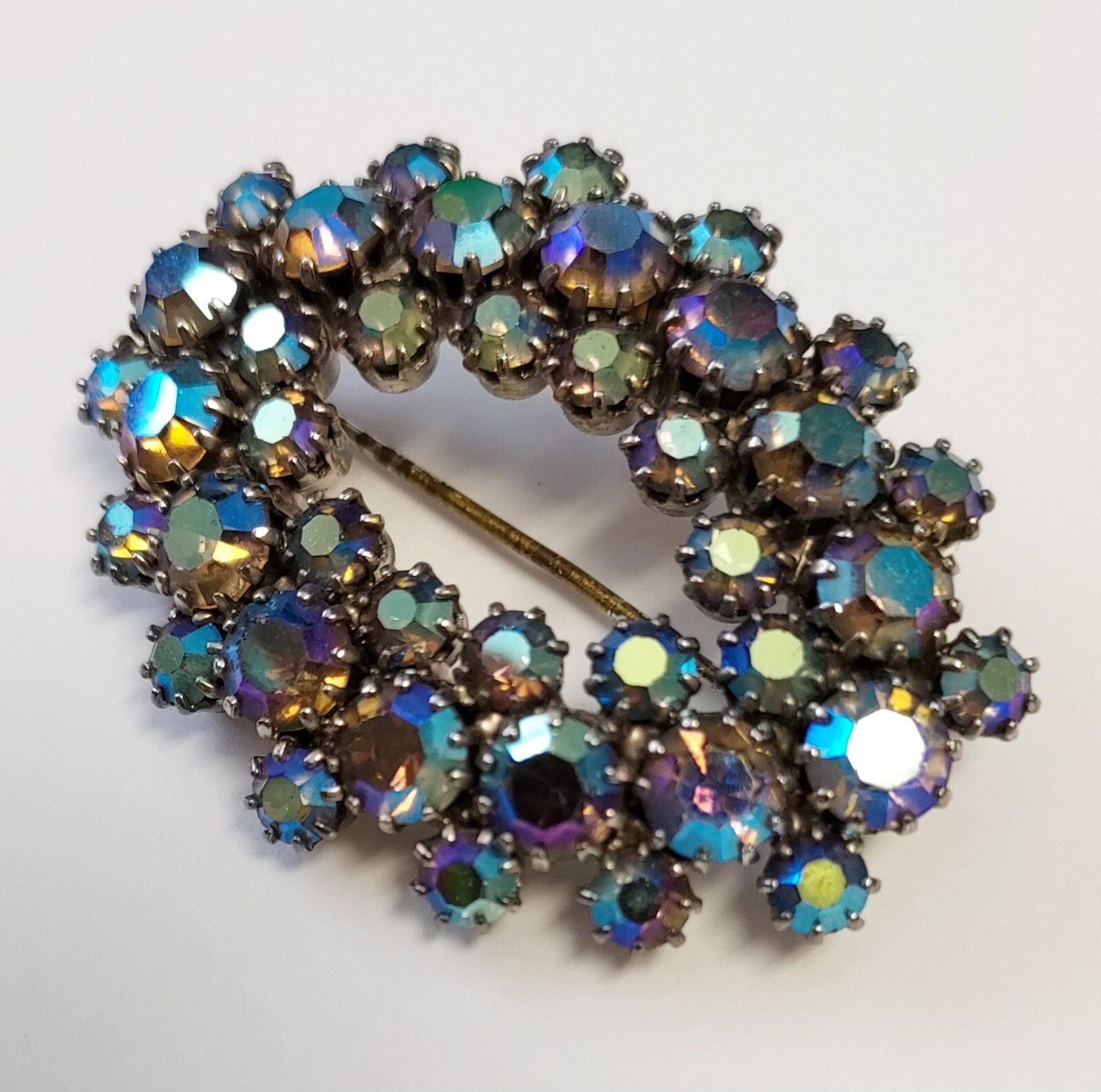 Vintage Aurora Borealis Rhinestone Brooch Pin AB Glass Cluster Prong Set