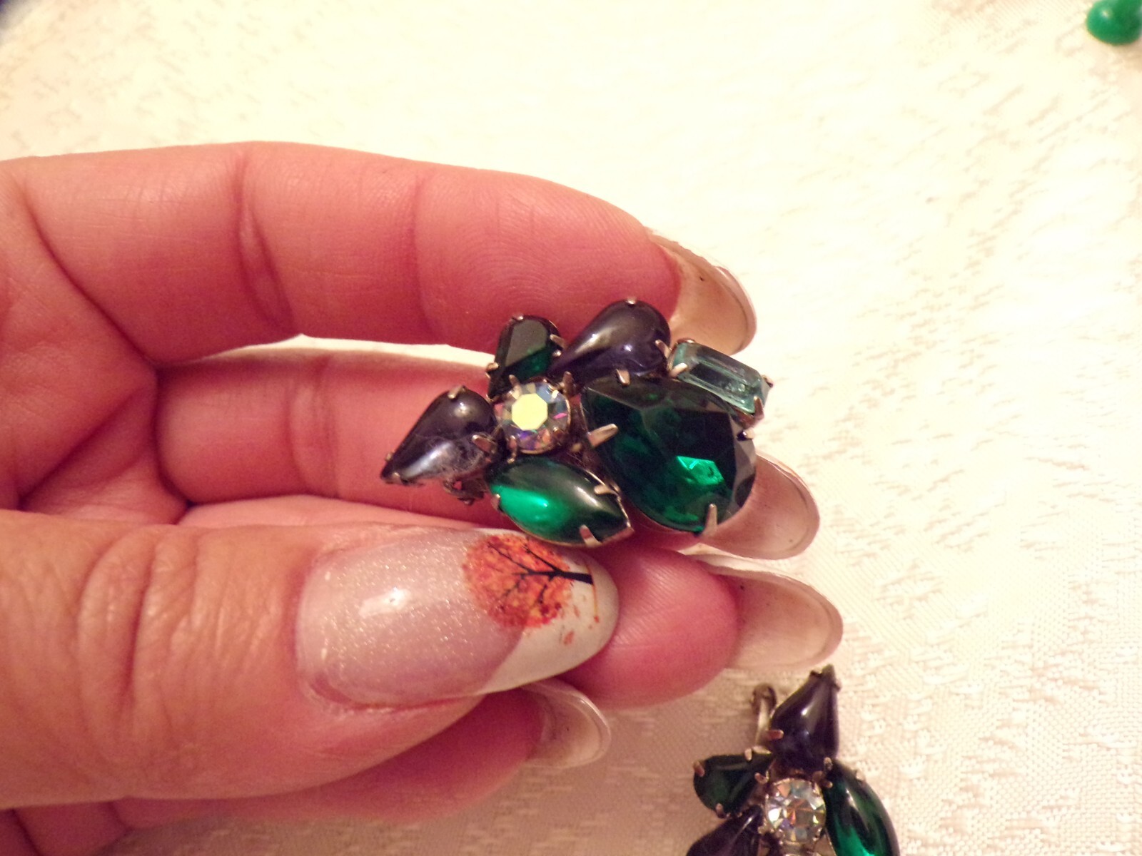 VTG Rhinestone Clip on Earrings Purple Green and Blue