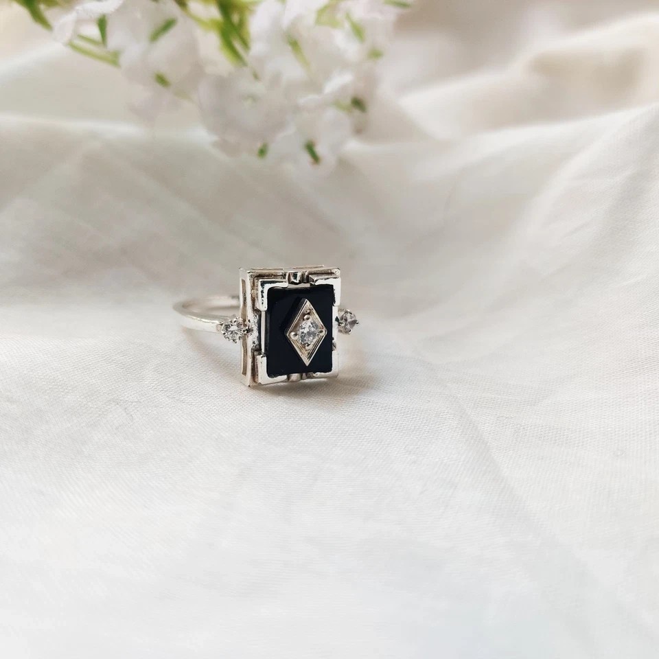 Art Deco Style Lab-Created Diamond & Black Onyx 14K Wedding White Gold FN Ring