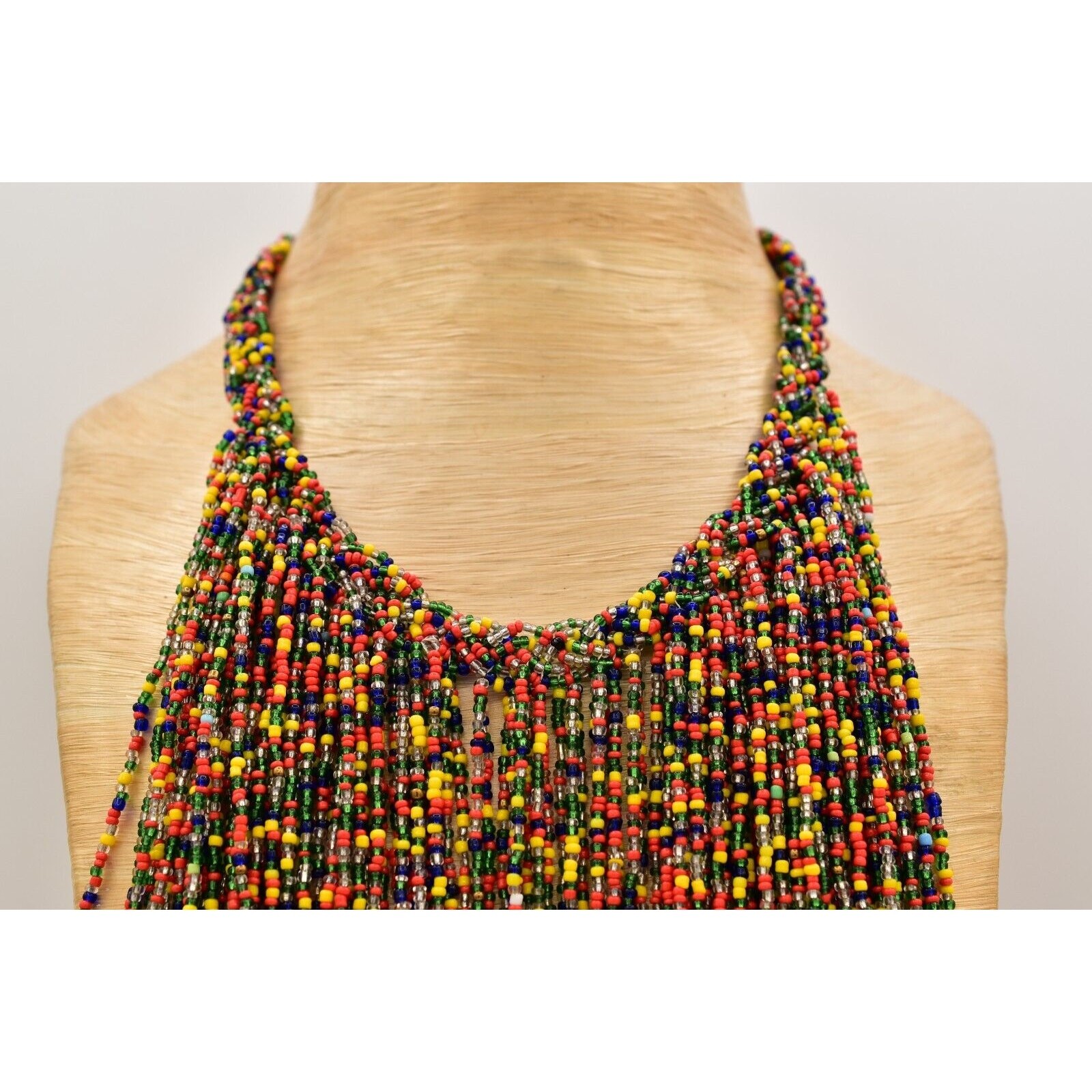Vintage Rainbow Beaded Bib Statement Necklace Fringe Collar Colorful 70s BinA17