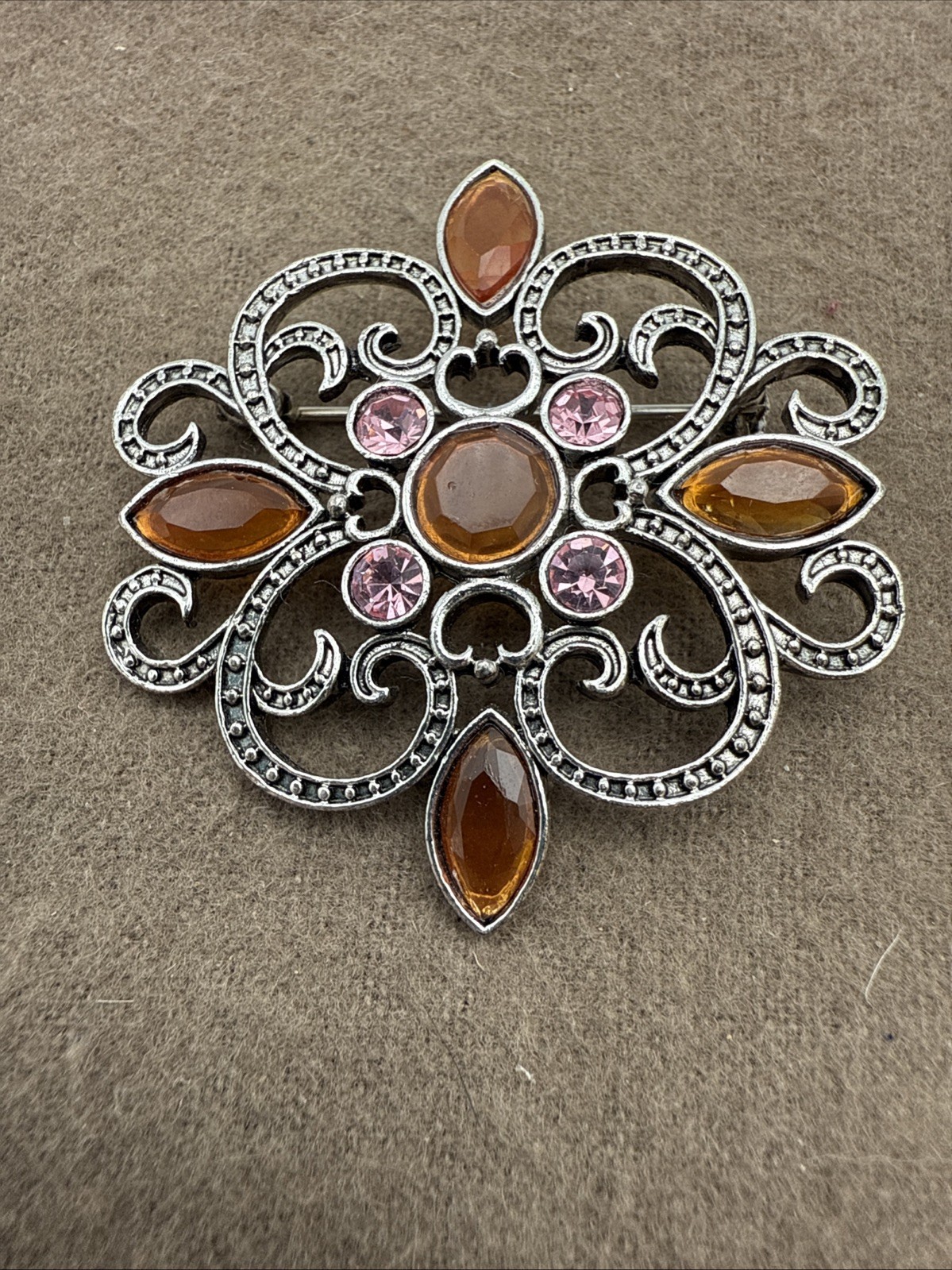 Vintage Silver Tone Style Brooch with Acrylic Crystal Accents