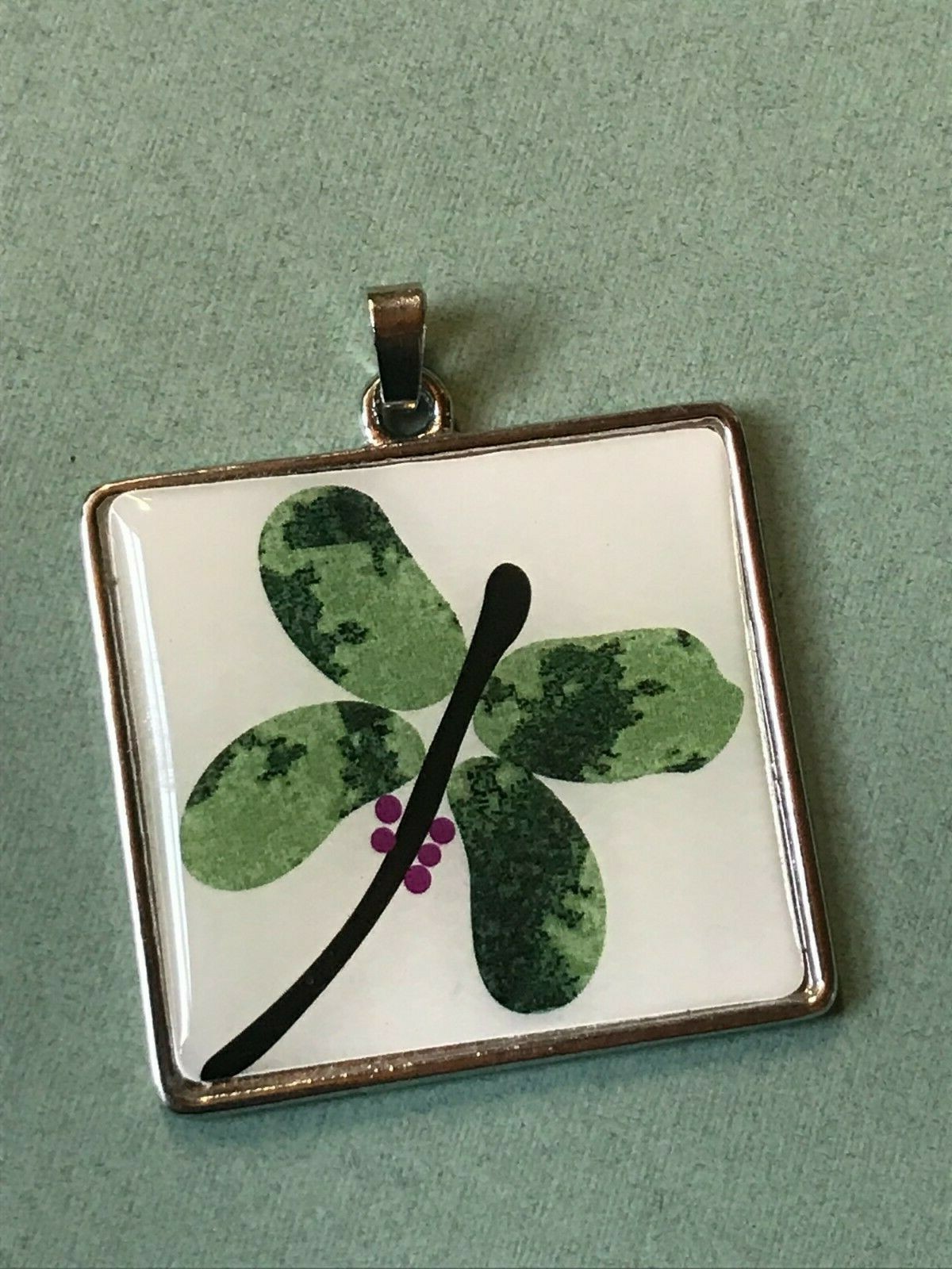 Estate Large White Square w Green & Purple Dragonfly Silvertone Pendant – 1.5 x