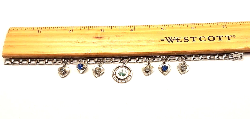 Vtg Sterling Silver Shamrock Bracelet w/Gem Heart Charms Double Flower Box Lock