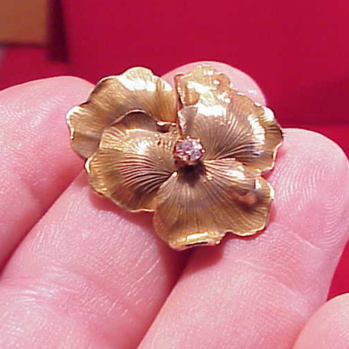 Vintage 1 1/4 in SET WITH A DIAMOND GILT PANSY POCKET WATCH PIN LAPEL BROOCH