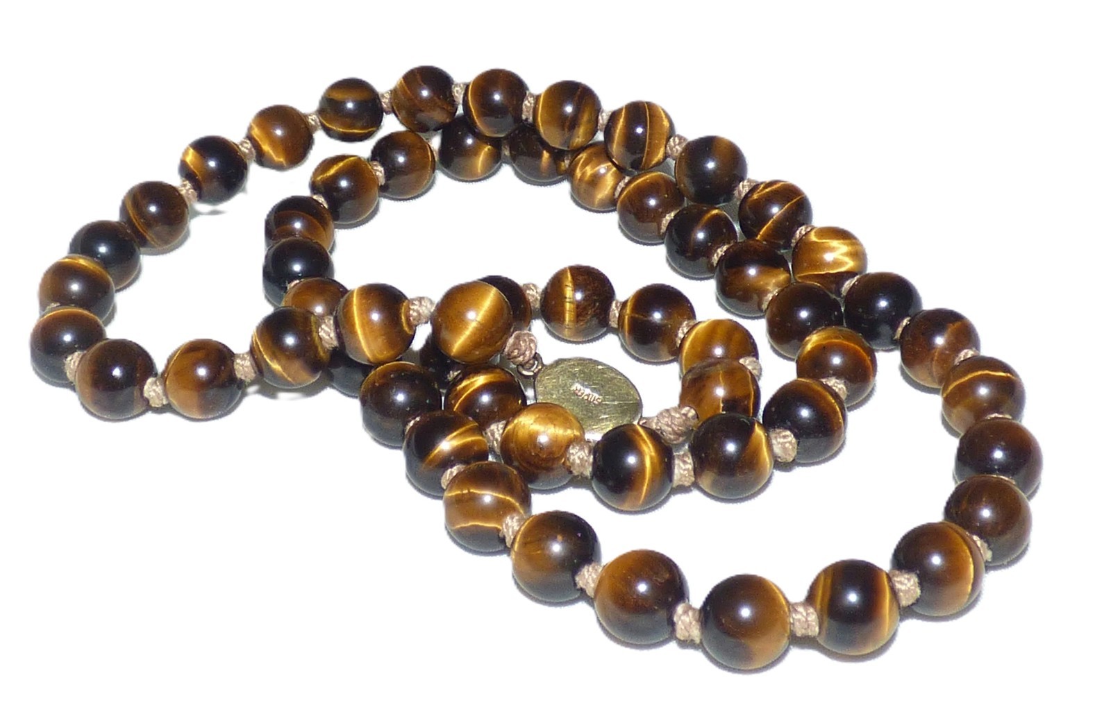 1960s Tiger’s Eye Gemstone Hand knotted GOLD VERMEIL on SILVER clasp Necklace