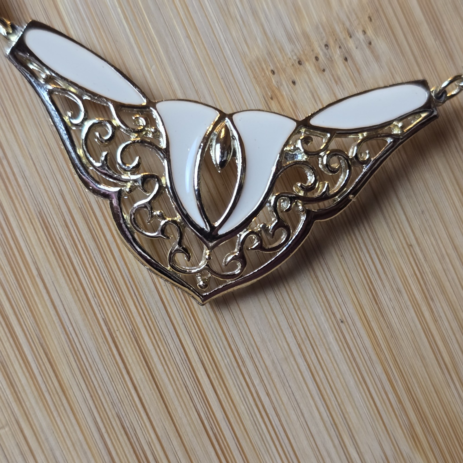 Vintage DeMilo Ivory Enamel Filigree Bib Necklace Statement Collar Art Nouveau