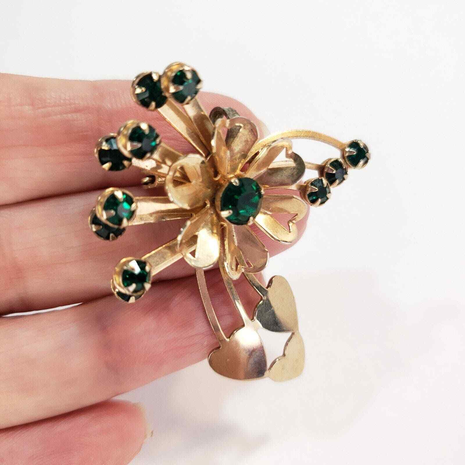 Vintage Green Rhinestone and Gold Tone Pin Brooch Pendant Flower and Hearts