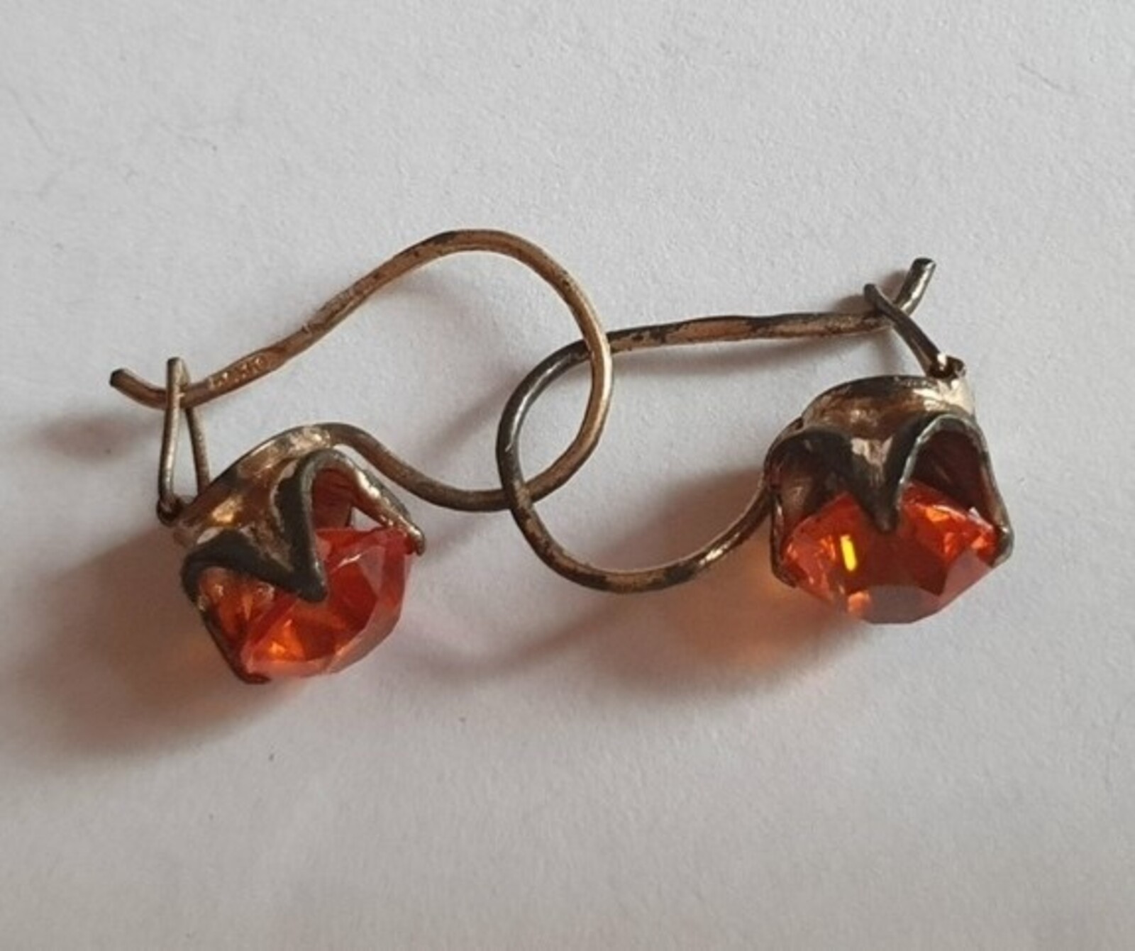 Vintage Earrings 875 ⭐ silver Soviet USSR Weight 2.6 g. Orange gem. Gilding.