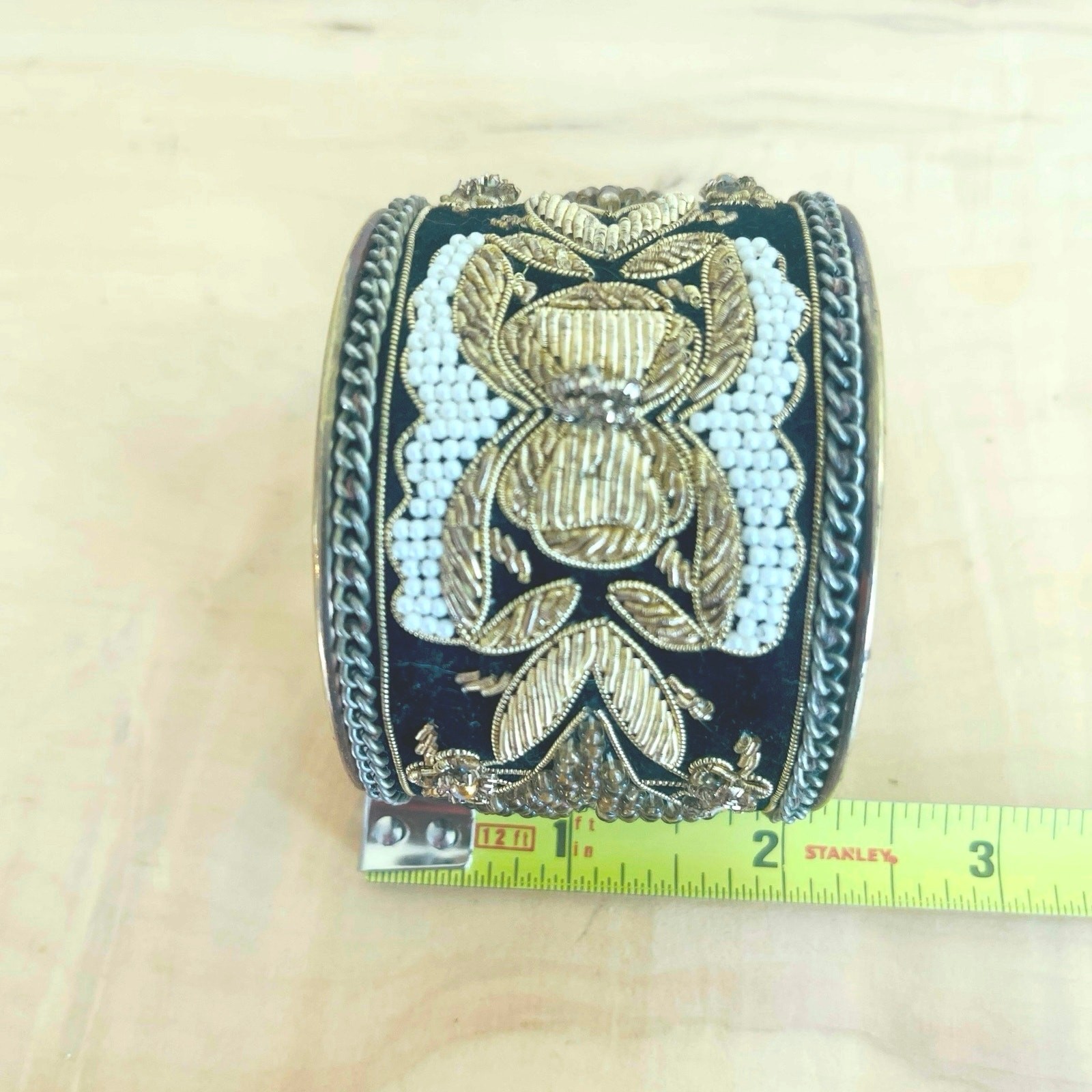 Vtg Artisan Wide Cuff Bracelet Bullion Embroidered Zardozi Style Seed Bead Brass