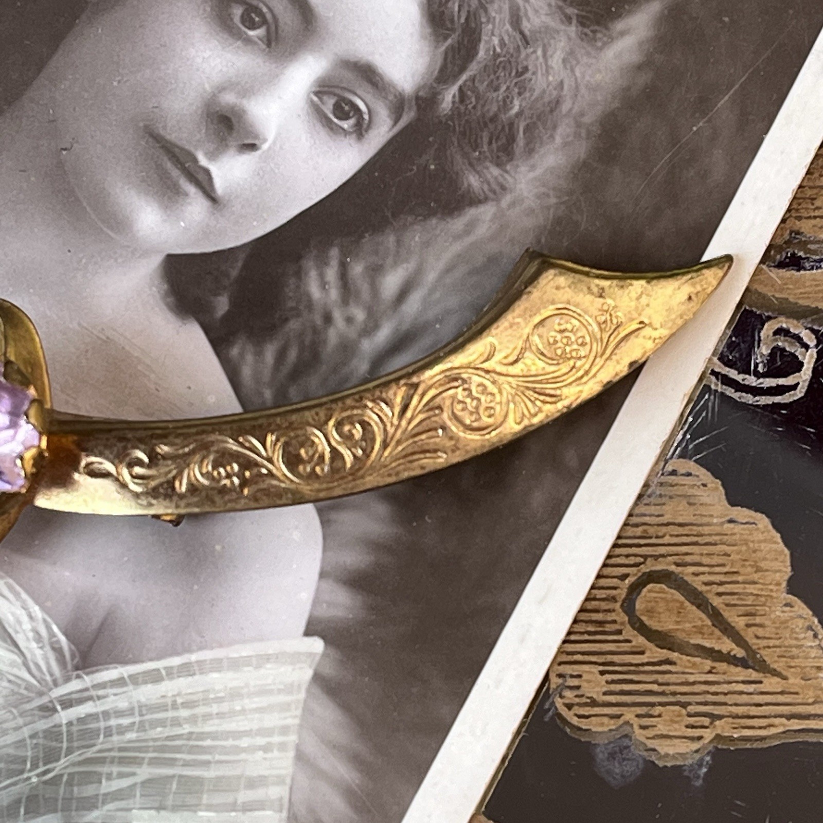 Antique Victorian Crescent Bar Brooch – Gold Plate – Lavender Paste – C-Clasp