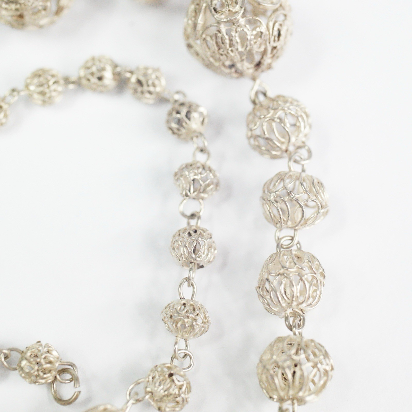 Vtg Sterling Silver Filigree Cannetille Graduated Ball Bead Necklace 19” 17.97 g
