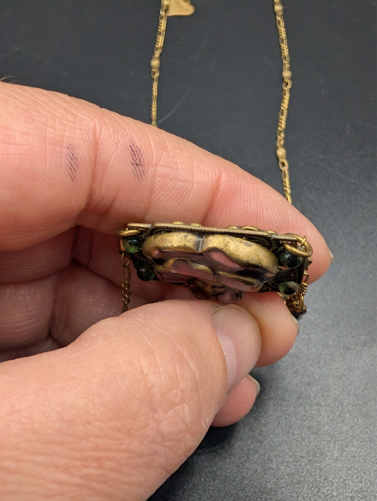 Vintage Glass Works Studio Art Nouveau Style Fairy Face Brass Finish Necklace