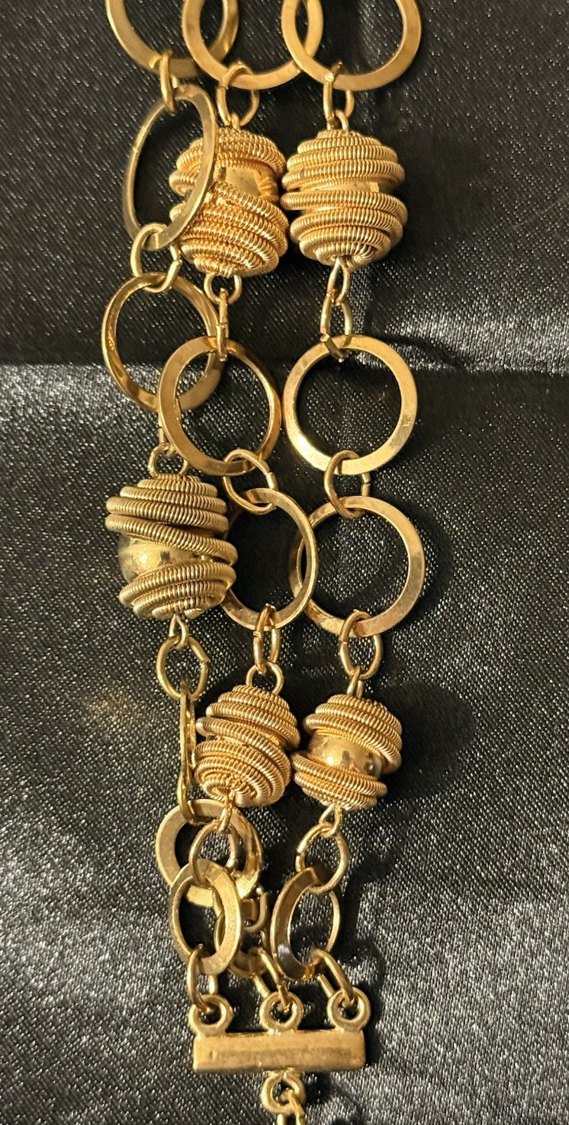 Vintage Gold Tone Multi Strand Statement Bracelet Coiled Wire Beads Ring Links