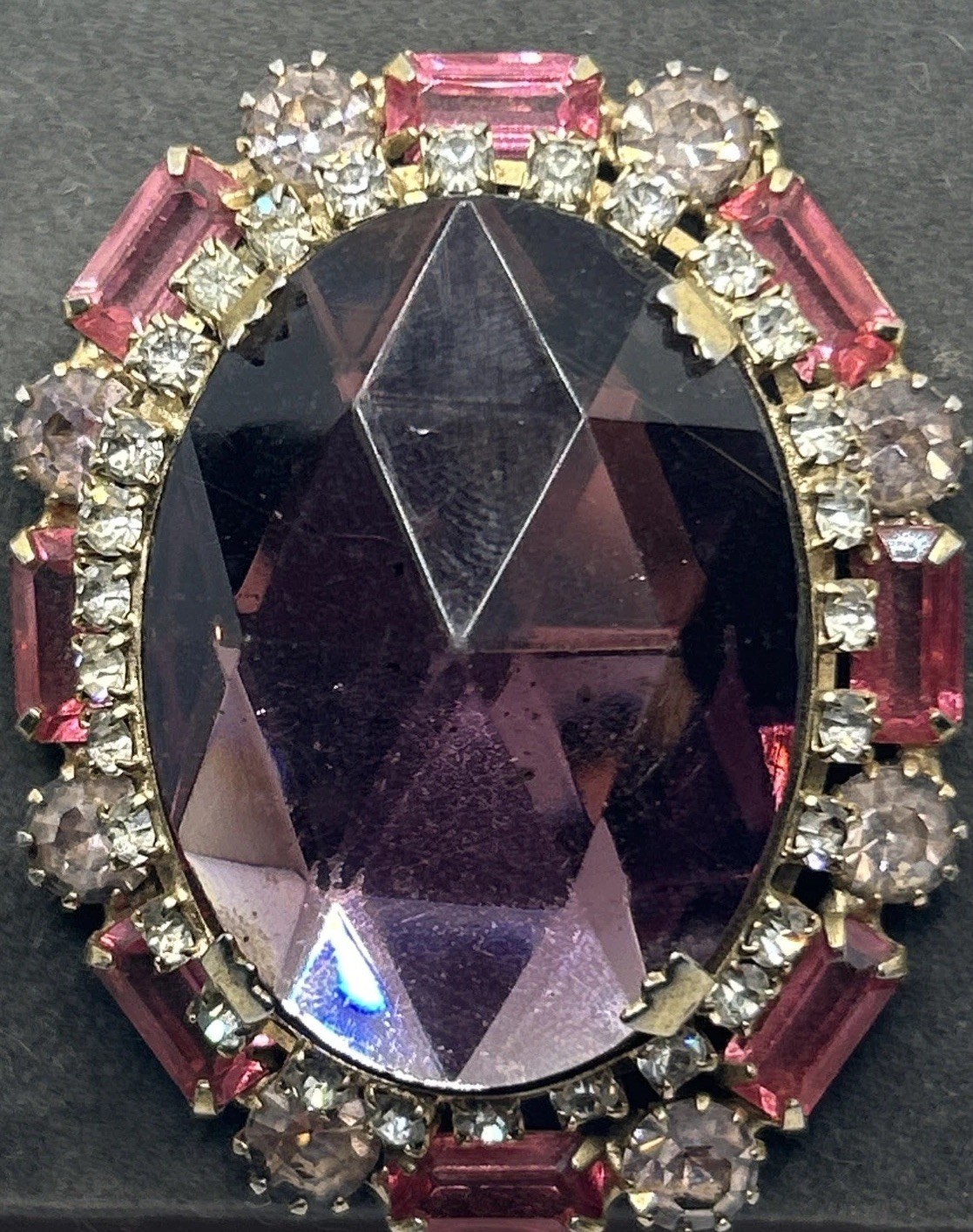 Large Pink/White Set Rhinestone Purple Crystal Solitaire Gold Brass Pin Brooch