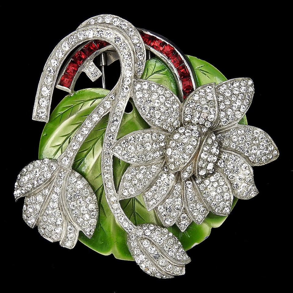 Dujay Pave Metallic Enamel Flowers Invisibly Set Ruby Stem Floral Spray Pin Clip