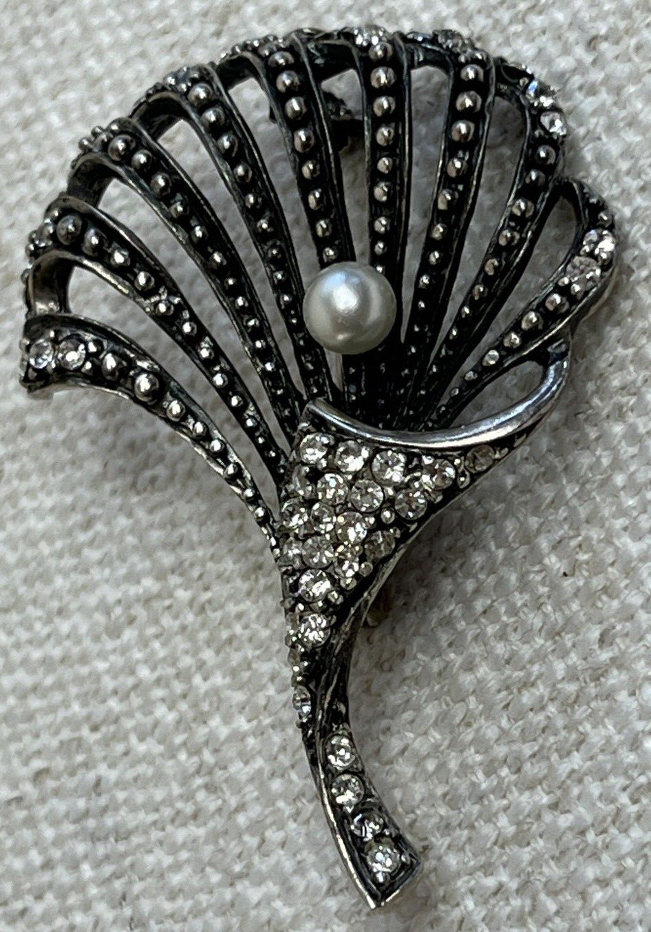 Floral 925 Sterling Silver & Clear Rhinestones Brooch Pin With Single Pearl