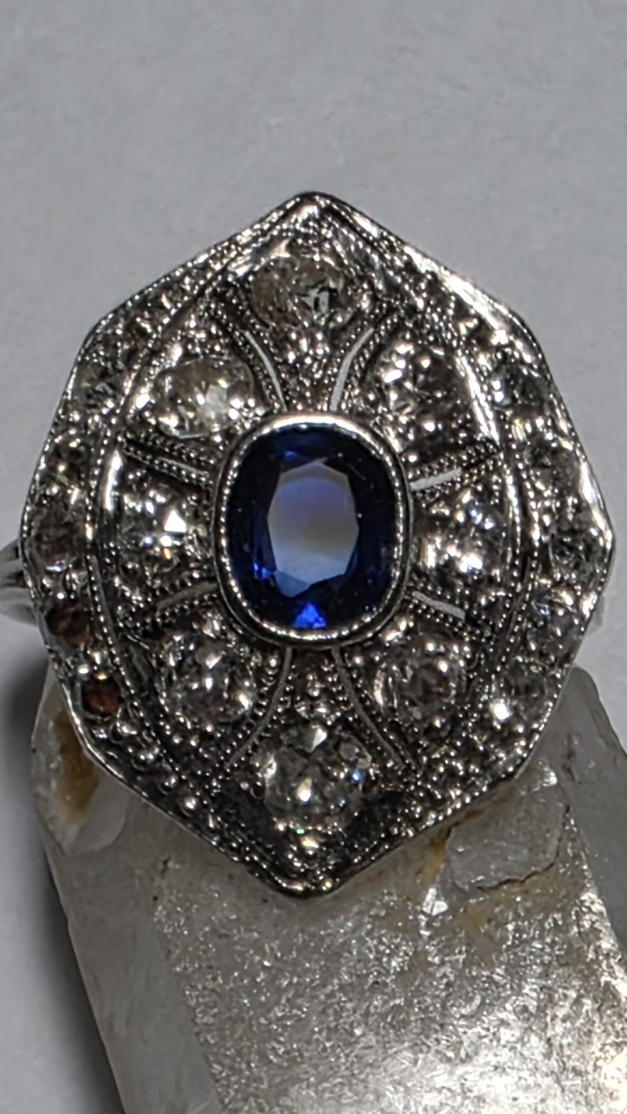 Antique Platinum Old European And Mine Cut Diamonds Blue Synthetic Sapphire Ring