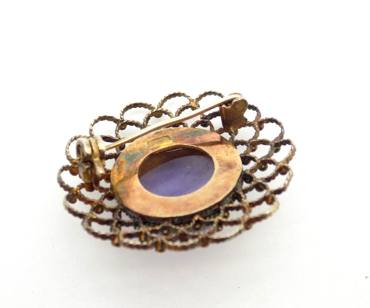 Sterling Silver Purple Amethyst Cabochon Brooch Ornate Woven Gold Vermeil