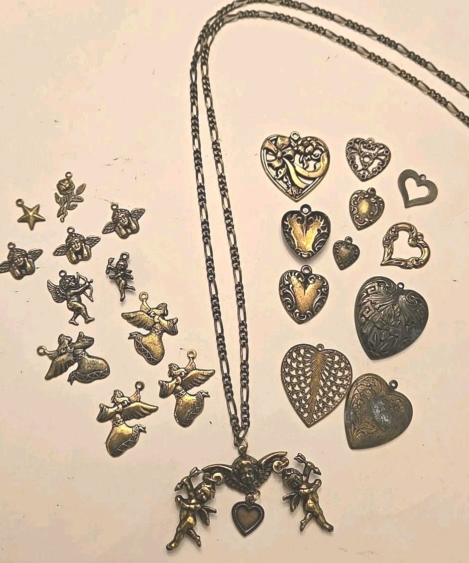Vintage Cherub Heart Charm Lot Statement Necklace Victorian Revival Romantic