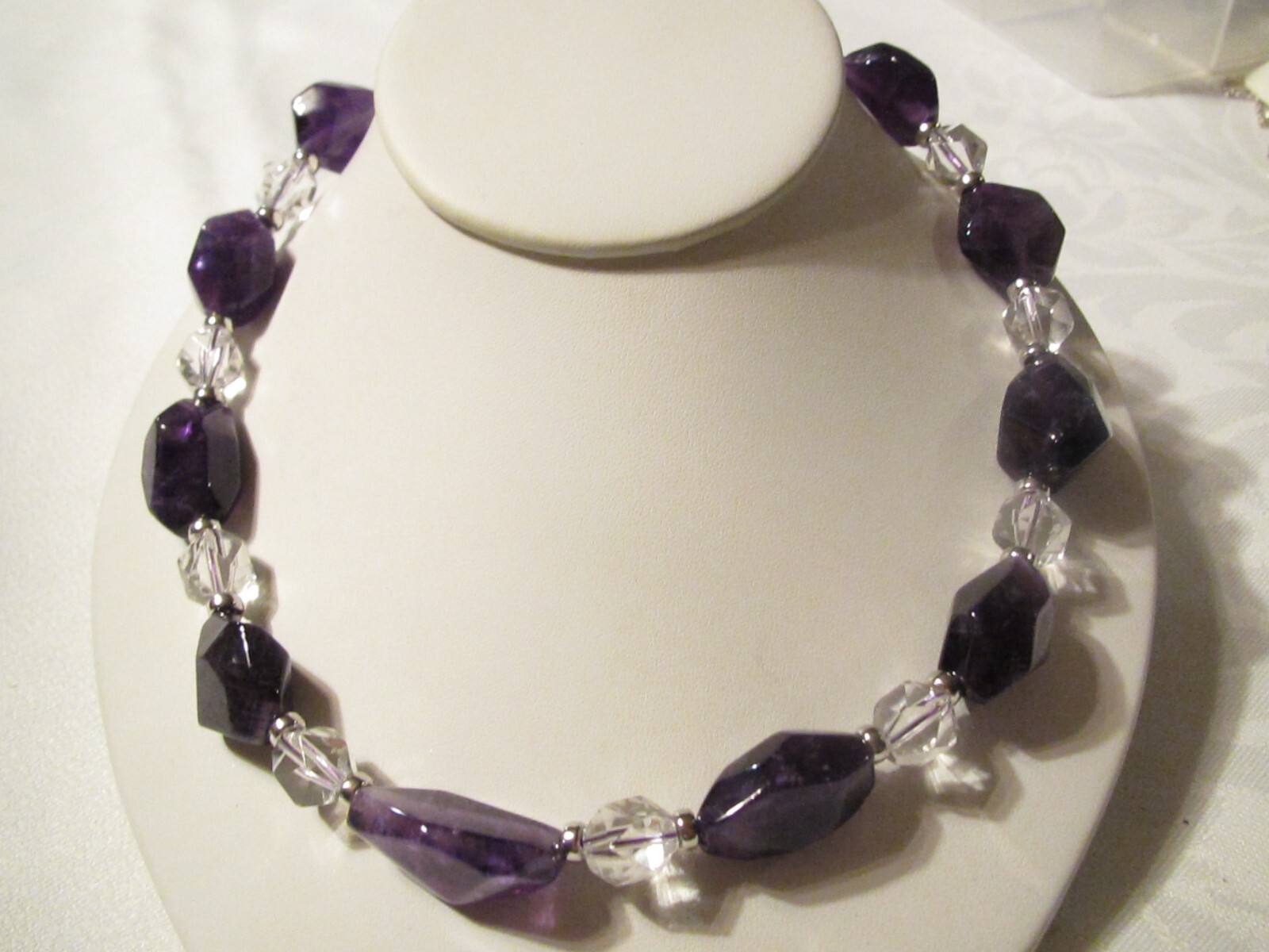 NEW HSN LARGE CHUNKY GENUINE AMETHYSTS & CRYSTALS BEAD NECKLACE – STERLING CLASP