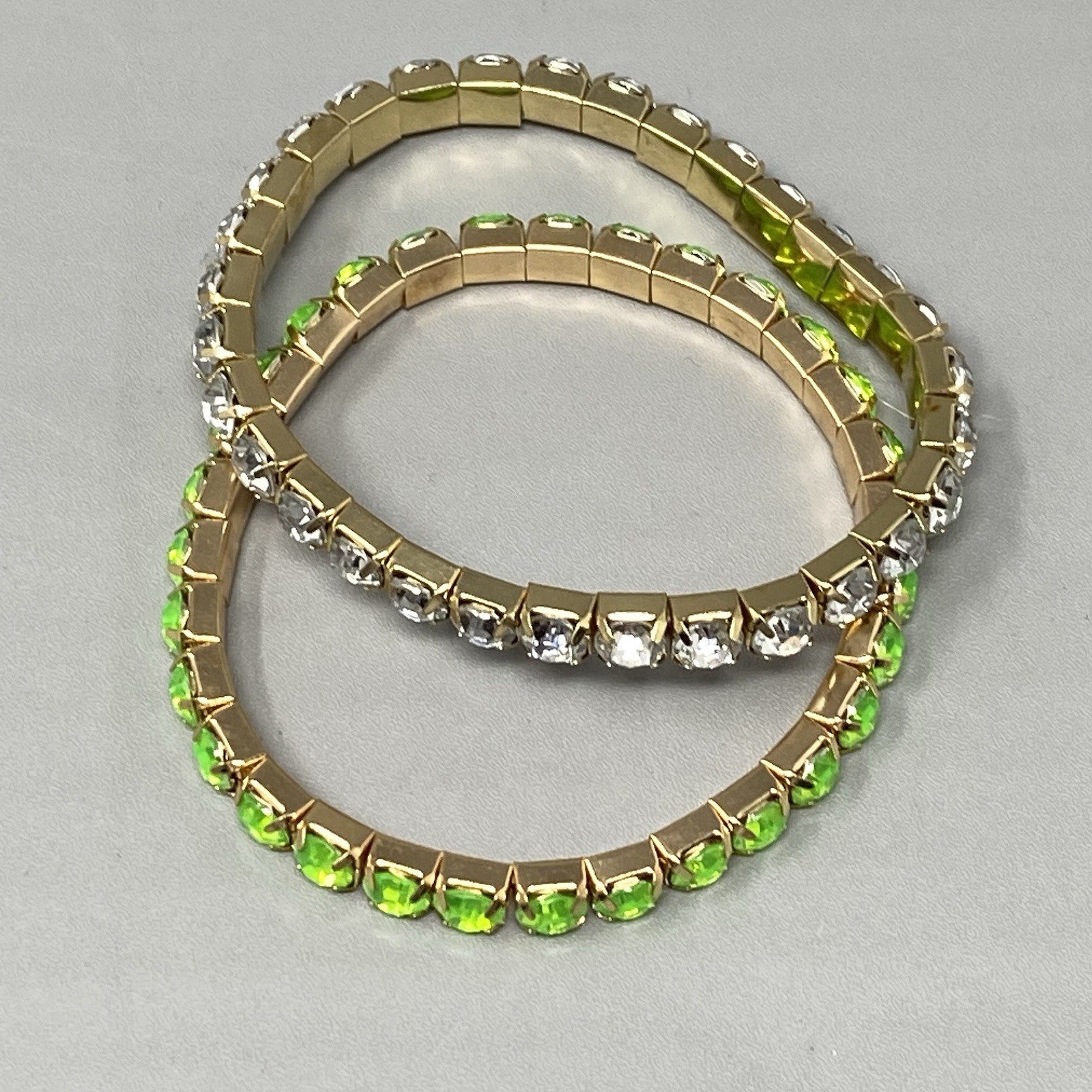 Rhinestone Stretch Bracelet Lime Green Clear Acrylic Prong Set Gold Tone 7″