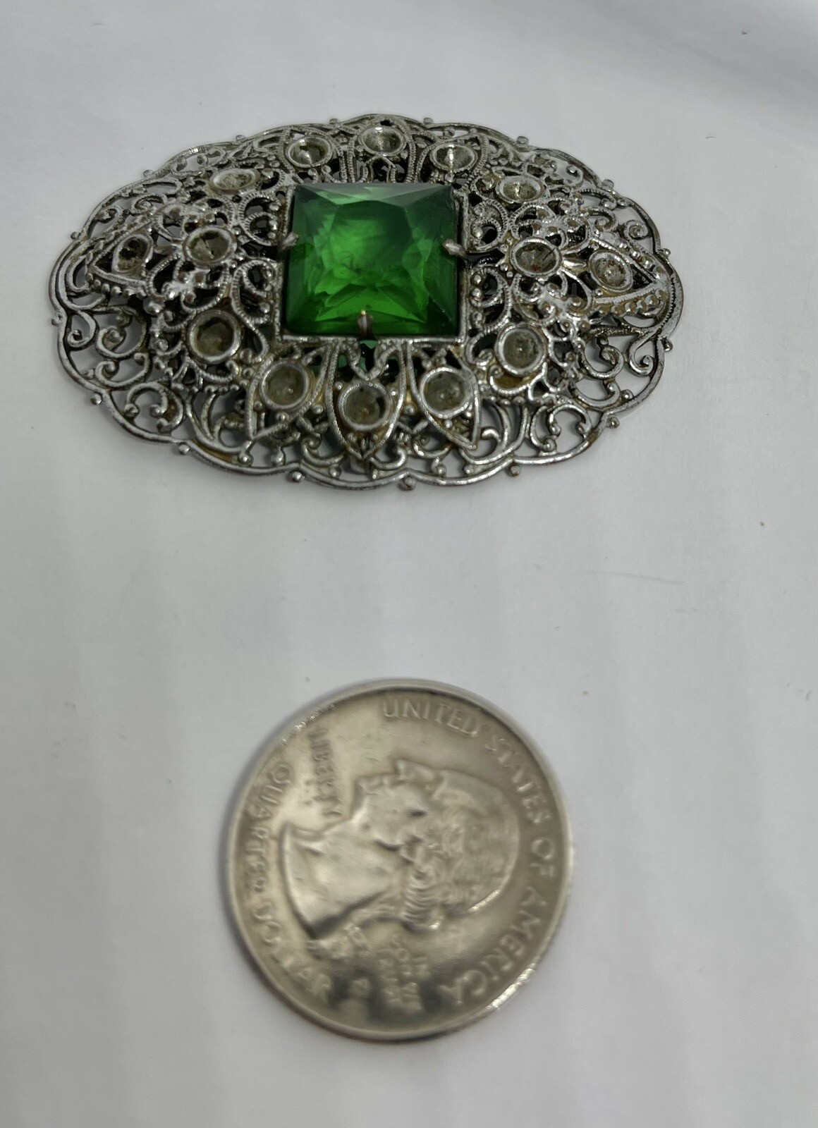 Antique Art Deco Green Domed Square Czech Glass Silvertone Filigree Brooch
