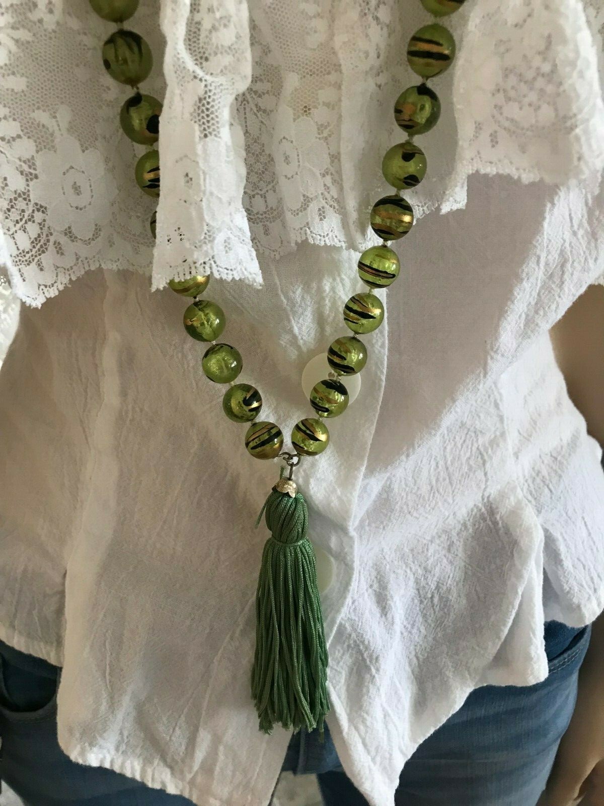 Vintage Jade Tigers Eye Bakelite Faturan Prayer Bead Tassel Necklace 46″