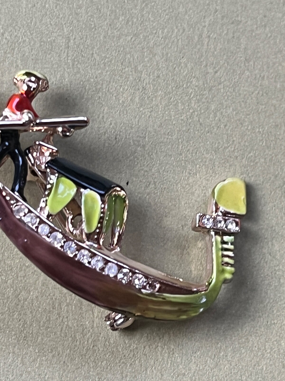 Vintage LIme Green Black & Red Enamel Asian Fishing Boat Figural w Clear Rhinest