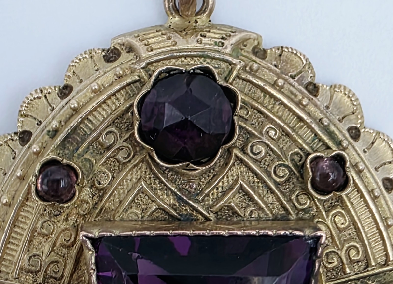 Antique Austro Hungarian Floral Filigree Lace Pendant Necklace Purple Glass